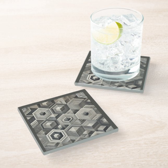 Greyscale Geometrics Glass Coaster (Angled)