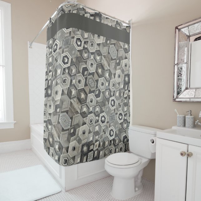 Greyscale Geometrics Shower Curtain (In Situ)