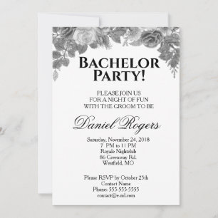 Greyscale of Roses and Glitter Bachelor Party Invitation