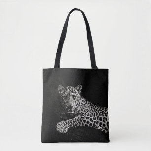GREYSCALE PHOTO OF LYING LEOPARD TOTE BAG