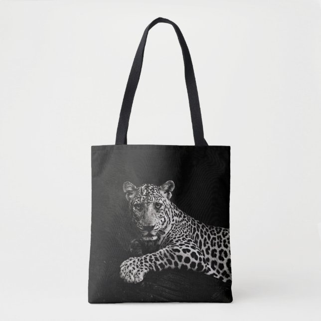 GREYSCALE PHOTO OF LYING LEOPARD TOTE BAG (Front)