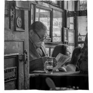 GREYSCALE PHOTO OF MAN SITTING WHILE READING NEWSP SHOWER CURTAIN