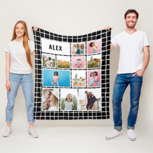 Grid black white 12 photo modern minimal abstract fleece blanket