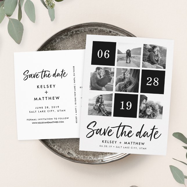 Grid Collage | Black and White Photo Save the Date Announcement Postcard (Creator Uploaded)
