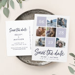 Grid Collage | Photo Save the Date Announcement Postcard<br><div class="desc">Announce your upcoming nuptials with these chic save the date postcards featuring six of your favourite square photos and your wedding date in a gridded layout. "Save the Date" appears beneath in a fresh, casual handwritten script brush marker typeface. Personalise with your names and wedding location in rich midnight blue,...</div>
