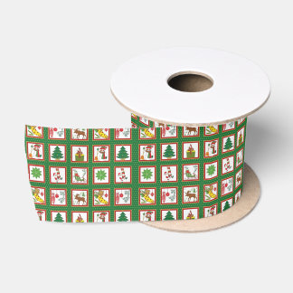 Grid Icon Pattern Green Satin Christmas Ribbon