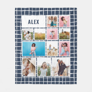 Grid navy blue 12 photo modern minimal abstract fleece blanket