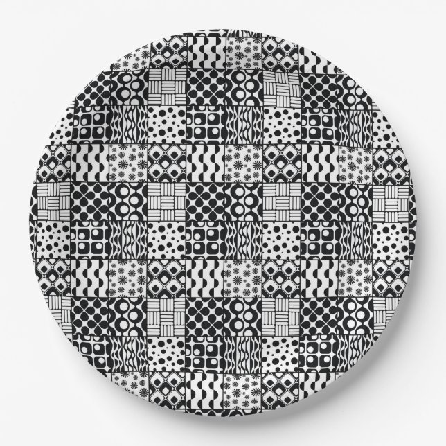 Grid of Black-and-White Geometric Patterns, 01 Paper Plate (Front)