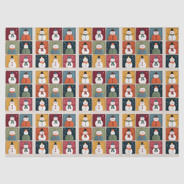 Grid of Cheerful Snowmen in Winter Wear Tissue Paper (Front)