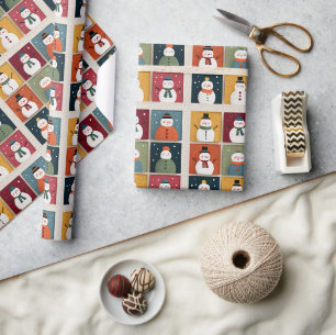 Grid of Cheerful Snowmen in Winter Wear Wrapping Paper