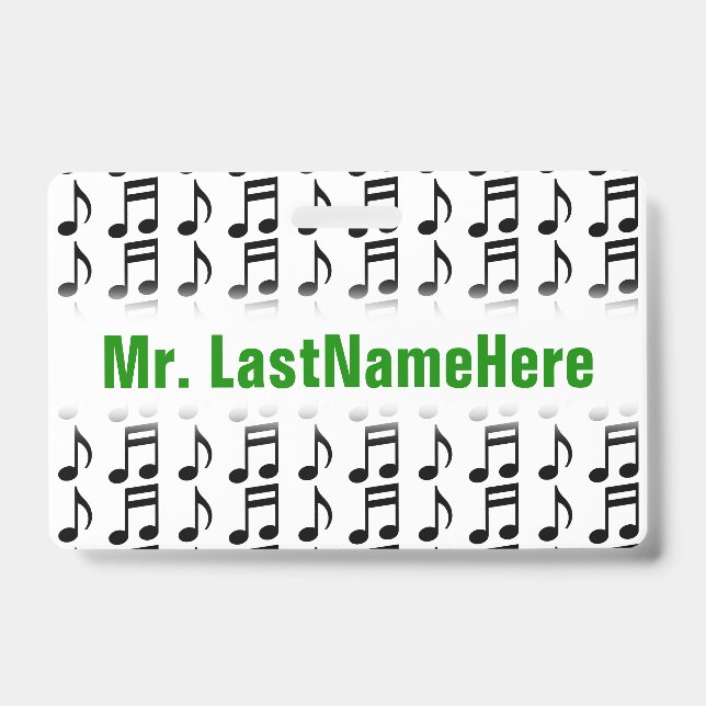 Grid of Musical Notes + Custom Teacher Name Badge ID Badge (Front)