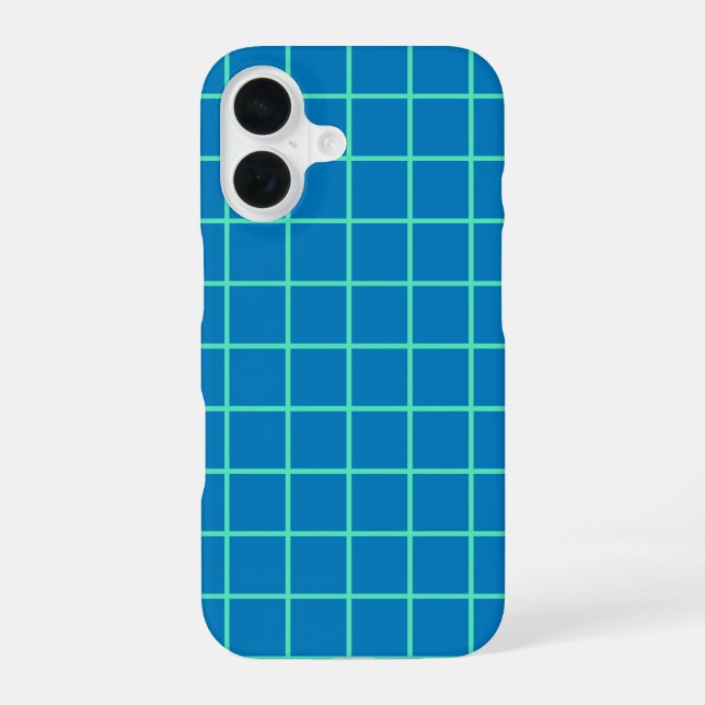 Grid Pattern in Blue and Mint Green iPhone 16 Case (Back)