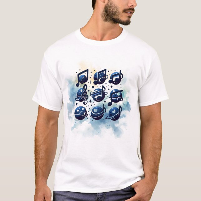 Grid Pattern Musical Notes Watercolor  T-Shirt (Front)