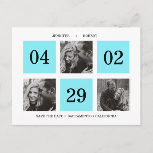 Grid Photo Collage   Neon Blue   SAVE THE DATE Announcement Postcard