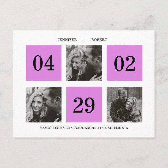 Grid Photo Collage | Neon Purple | SAVE THE DATE Announcement Postcard (Front)