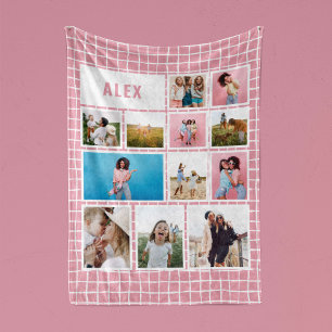 Grid pink white 12 photo modern minimal abstract fleece blanket