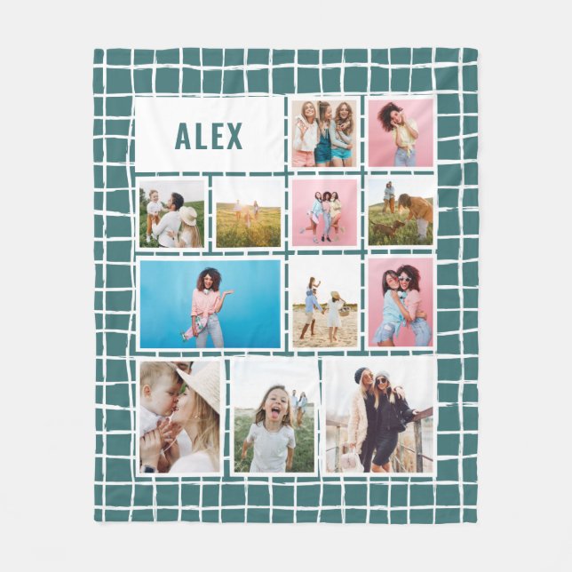 Grid teal 12 photo modern minimal abstract fleece blanket (Front)