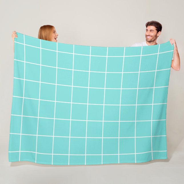 Grid Turquoise and White Fleece Blanket (In Situ)