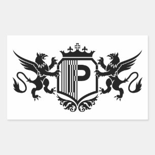 Griffins flanking a shield with the letter "P" Rectangular Sticker