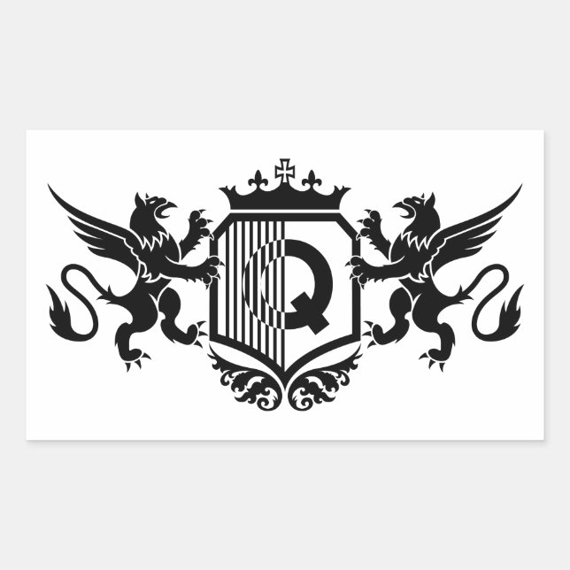 Griffins flanking a shield with the letter "Q" Rectangular Sticker (Front)