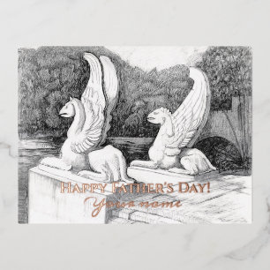 Griffins sculpture monochrome foil holiday postcard