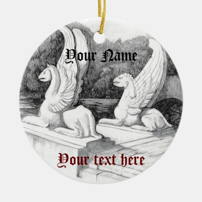 Griffins sculpture monochrome pencil Art Ceramic Ornament (Front)