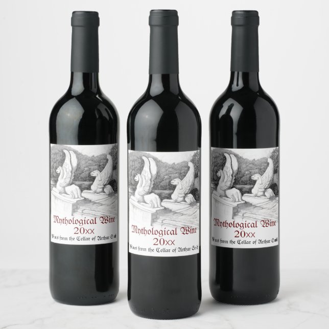 Griffins sculpture monochrome pencil Art Wine Label (Bottles)