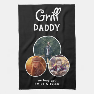 Grill Daddy Modern Black Oval 3 Photo Father`s Day Tea Towel