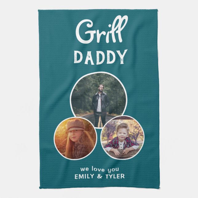 Grill Daddy Modern Oval 3 Photo Father`s Day  Tea Towel (Vertical)