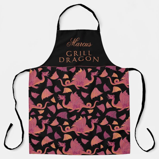 Grill Dragon Red Hand Drawn Dragon Pattern Apron (Front)