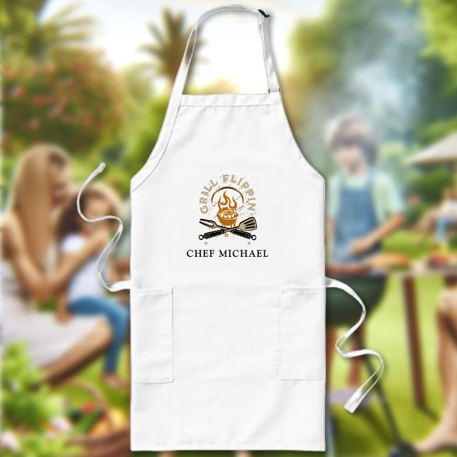 Grill Flippin Chef Custom Name Text Personalised Long Apron (Creator Uploaded)