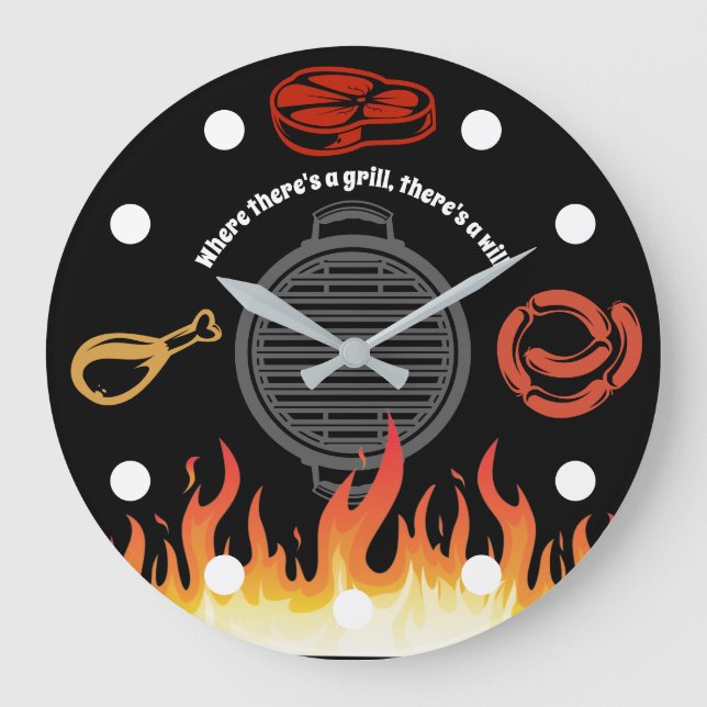 Grill grilling meat beef pork chicken flames BBQ Large Clock (Front)