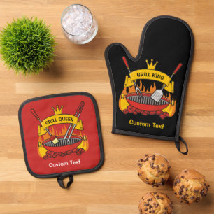 Grill King and Grill Queen Oven Mitt & Pot Holder Set