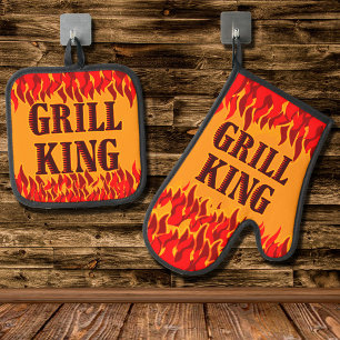 Grill King Red Flames Cookout BBQ Saying Oven Mitt & Pot Holder Set