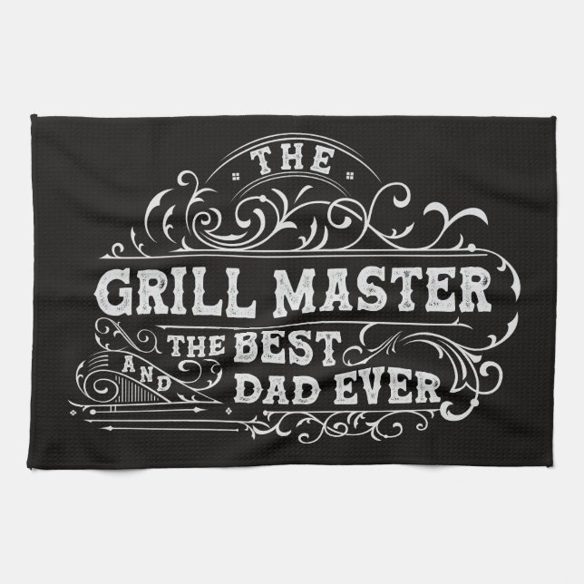 Grill Master and Best Dad Ever Fathers Day Black Tea Towel (Horizontal)
