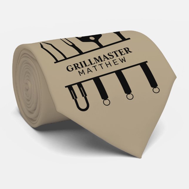 Grill master black khaki custom name fathers day tie (Rolled)