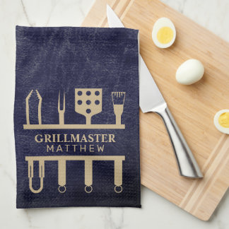 Grill master classic navy leather BBQ tools name Tea Towel