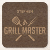 Grill Master Faux Leather  Square Paper Coaster