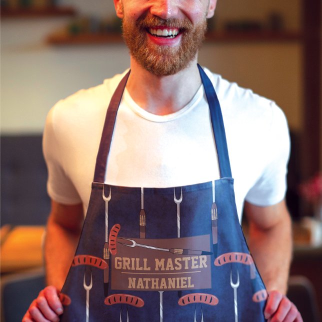 Grill Master Navy Blue Sausage Grilling Fork Name Apron (Creator Uploaded)