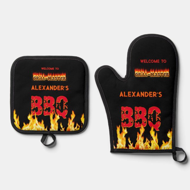 Grill Master's (your name) BBQ  Oven Mitt & Pot Holder Set (Front)
