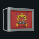 Grill Queen Belt Buckle<br><div class="desc">Barbecue grill over flaming charcoal,  scroll banner with custom text over crossed tongs and brush. Custom background colour.</div>