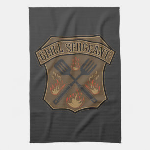 Grill Sergeant Badge Design with Spatula and Fork Tea Towel