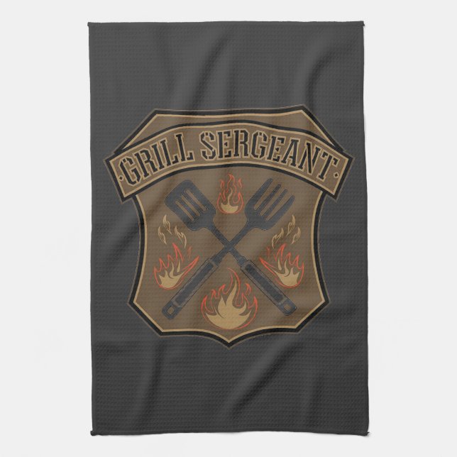 Grill Sergeant Badge Design with Spatula and Fork Tea Towel (Vertical)