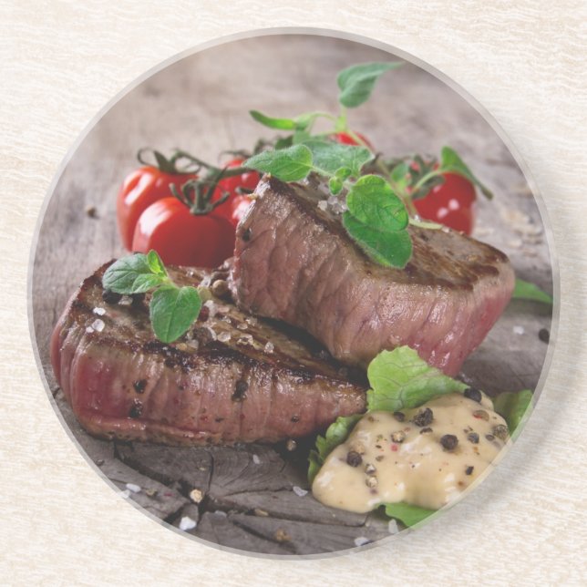 Grilled bbq steaks with fresh herbs and tomatoes coaster (Front)