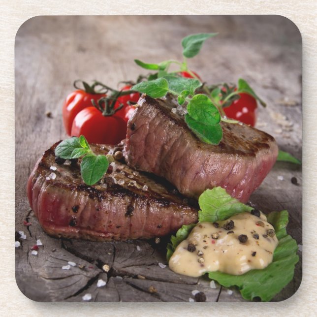 Grilled bbq steaks with fresh herbs and tomatoes coaster (Front)