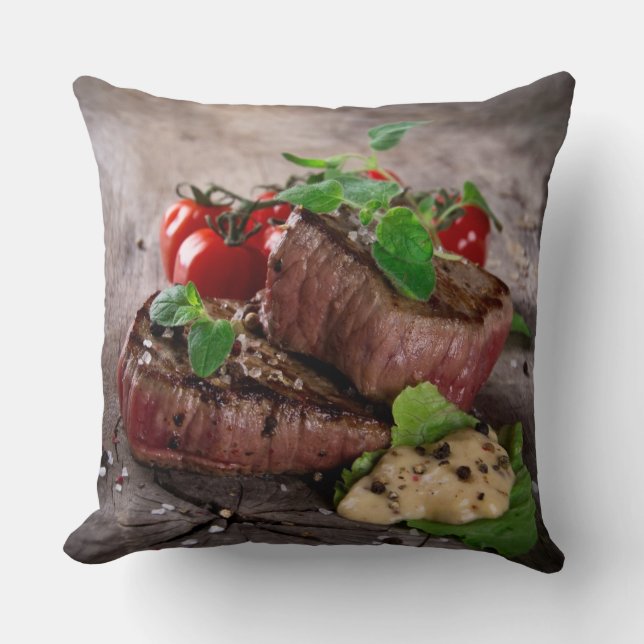 Grilled bbq steaks with fresh herbs and tomatoes cushion (Front)