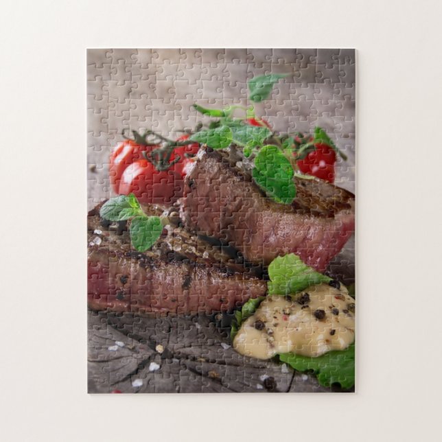 Grilled bbq steaks with fresh herbs and tomatoes jigsaw puzzle (Vertical)