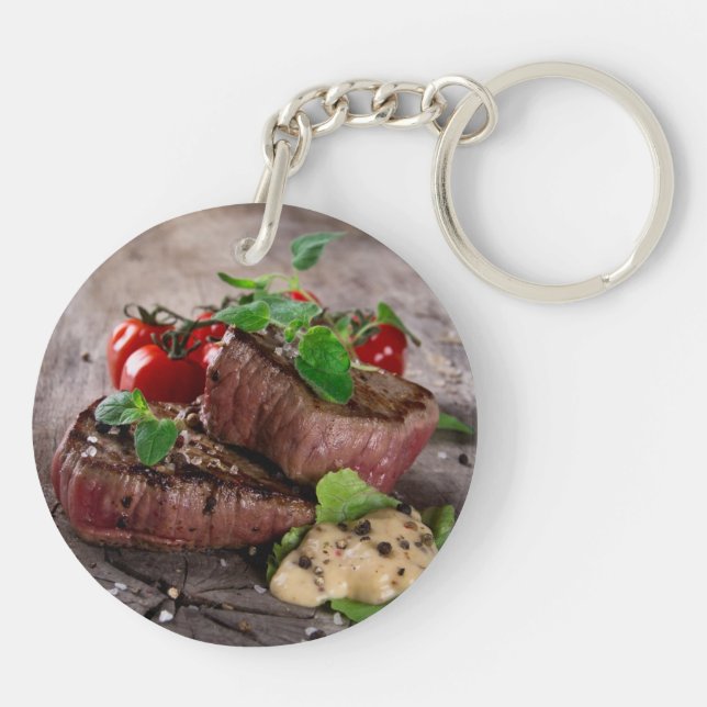 Grilled bbq steaks with fresh herbs and tomatoes key ring (Back)