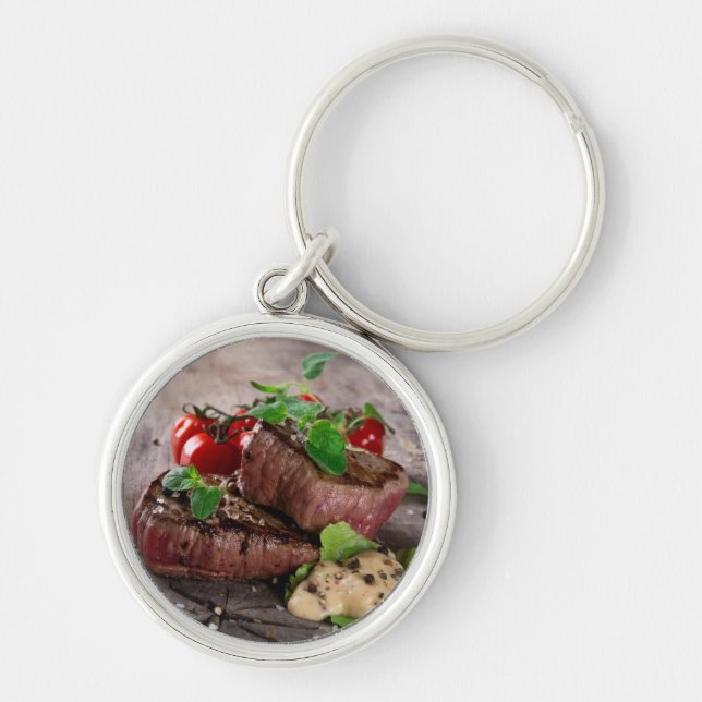 Grilled bbq steaks with fresh herbs and tomatoes key ring (Front)