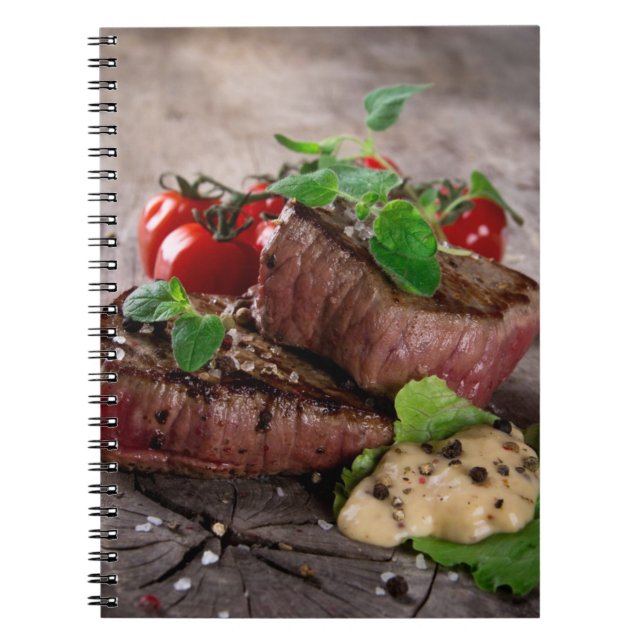 Grilled bbq steaks with fresh herbs and tomatoes notebook (Front)